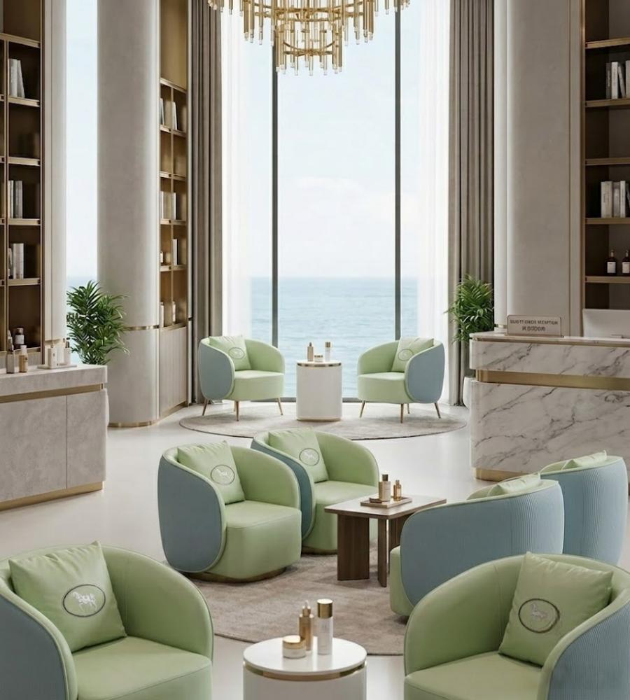 現代輕奢綠藍雙拼西皮帶抱枕單座位梳化 Modern Light Luxury Green & Blue Faux Leather Single Seater Sofa
