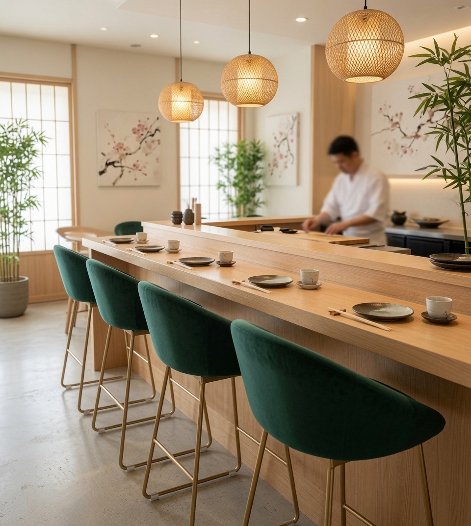 輕奢墨綠色布藝鍍金鐵腳無扶手吧椅 Luxury Green Fabric Gold Legs Bar Stool