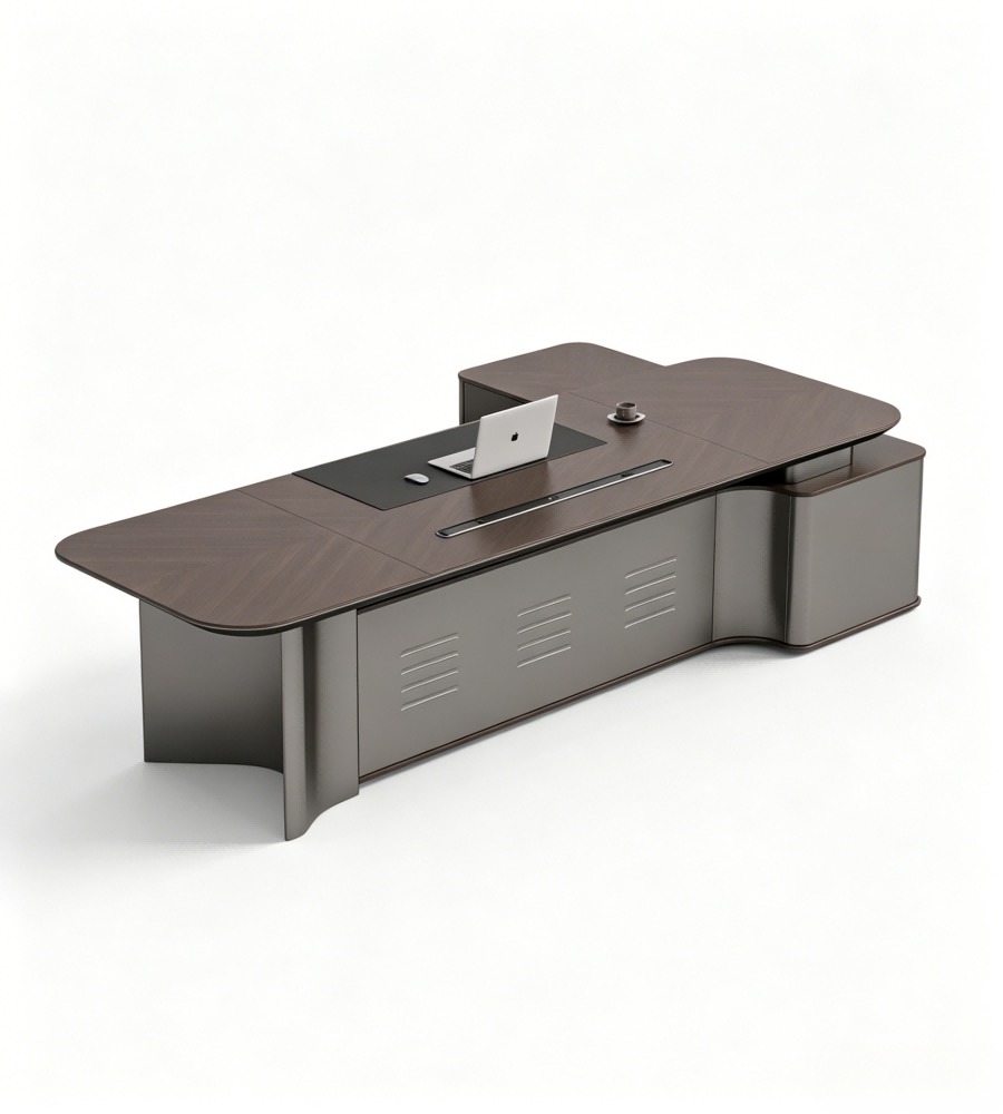商務胡桃木配鐵灰L形帶線盒老闆枱 Business Walnut and Iron Grey L-Shaped Boss Desk