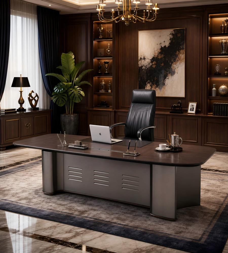 商務胡桃木配鐵灰L形帶線盒老闆枱 Business Walnut and Iron Grey L-Shaped Boss Desk