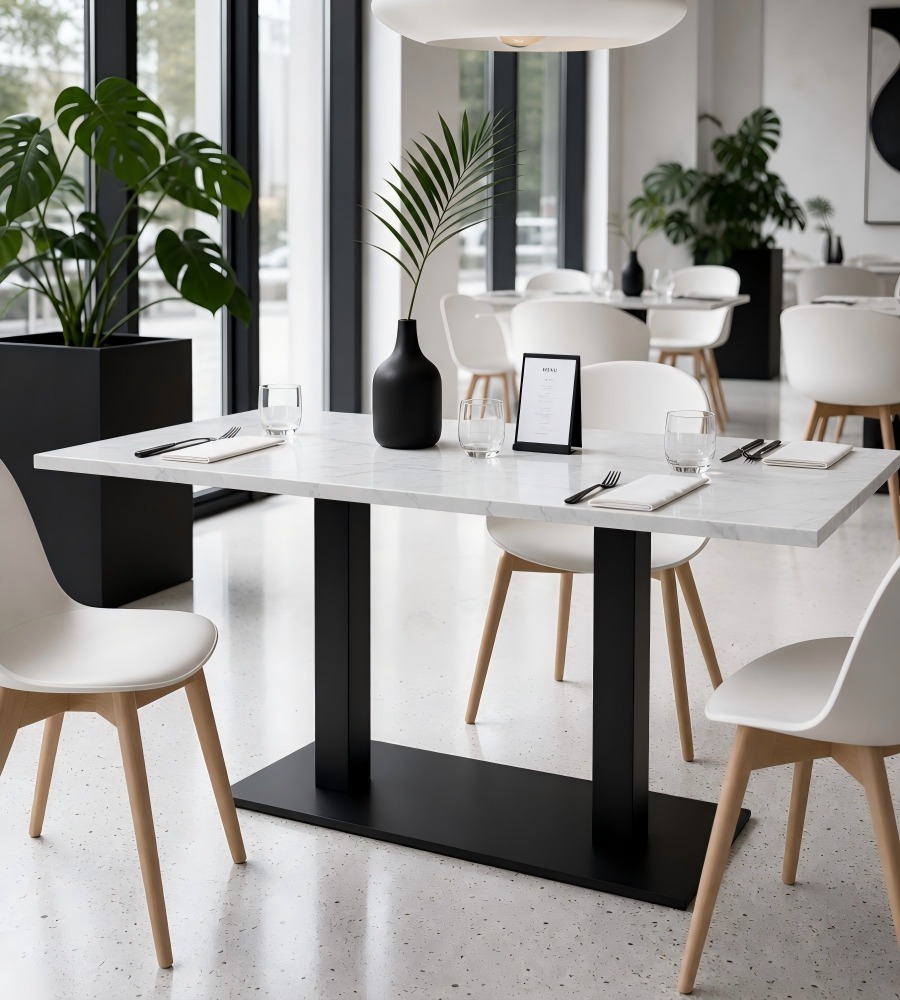現代白色岩板鋼架長方形餐枱 Modern White Sintered Stone Dining Table