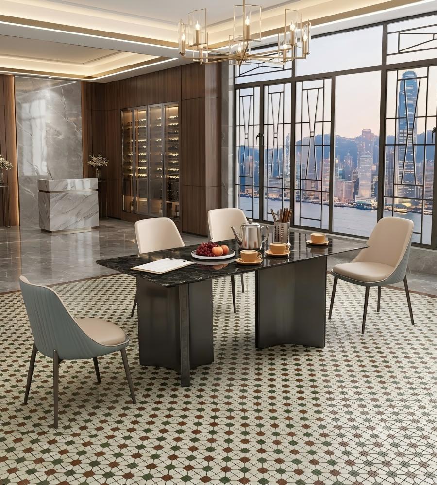 輕奢黑色天然石灰鈦腳長方形餐枱 Luxury Black Natural Stone Rectangular Dining Table
