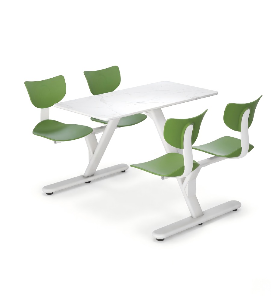 簡約學校飯堂白色岩板配綠色鋼架四人位連體餐枱 School Dining Table Set