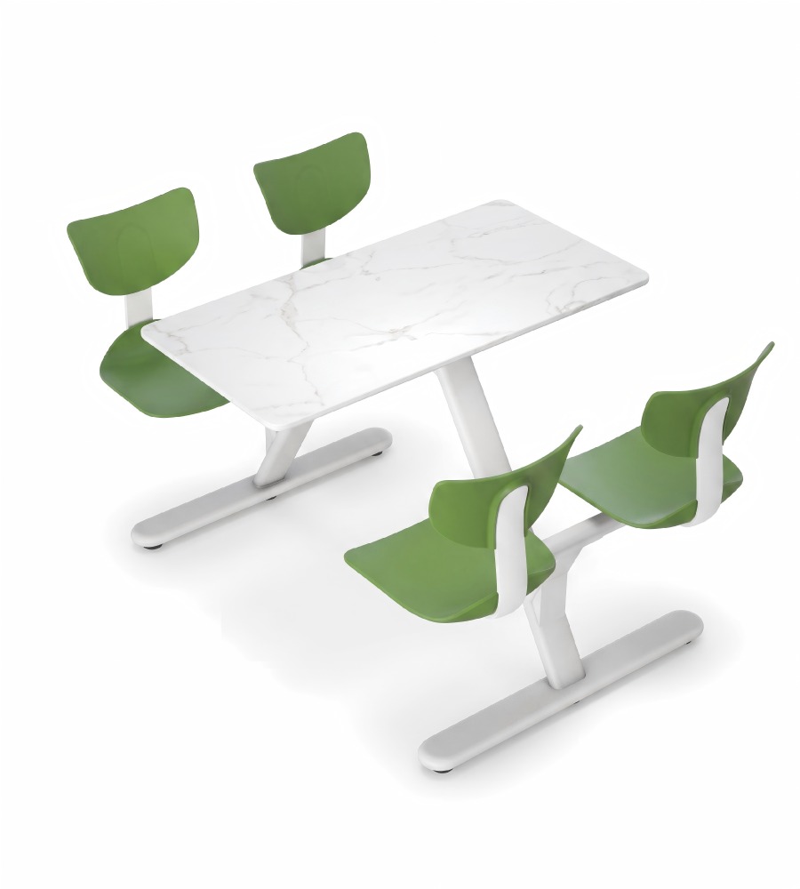 簡約學校飯堂白色岩板配綠色鋼架四人位連體餐枱 School Dining Table Set