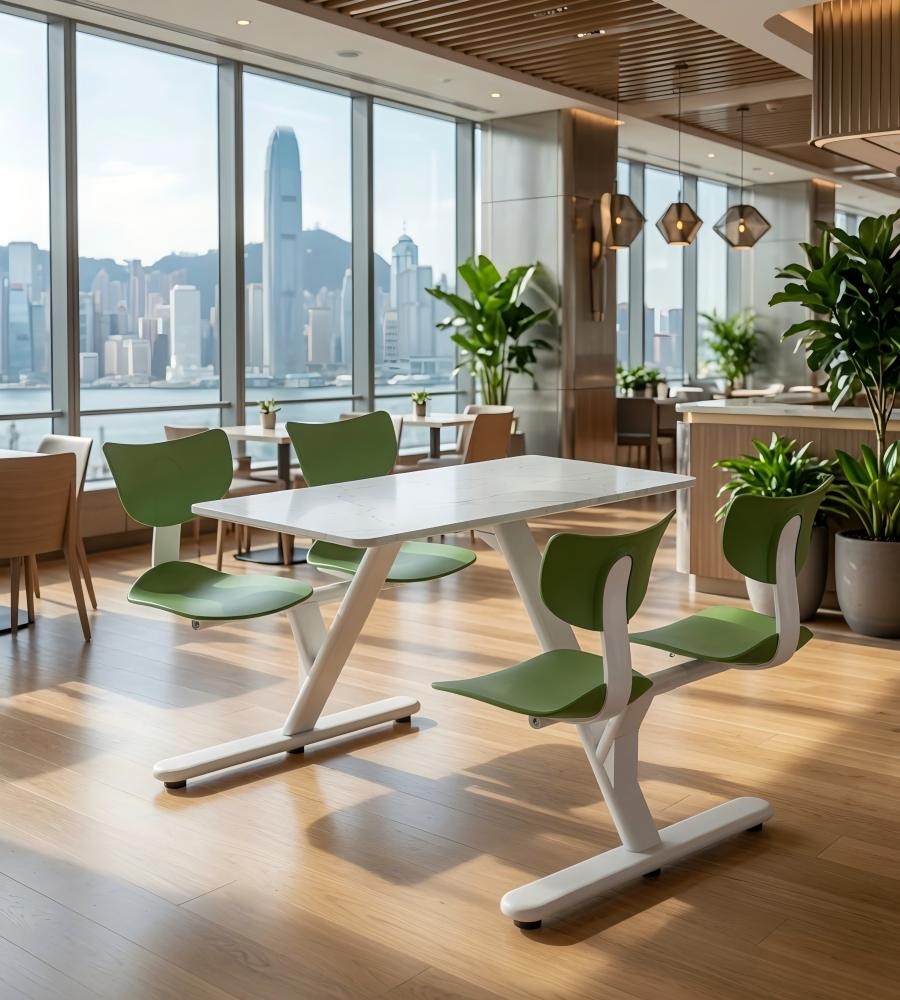 簡約學校飯堂白色岩板配綠色鋼架四人位連體餐枱 School Dining Table Set