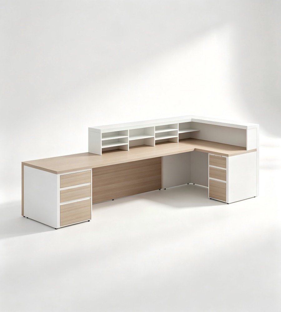 雙色調系統化轉角接待前台  Two-Tone Systemic L-Shaped Reception Desk