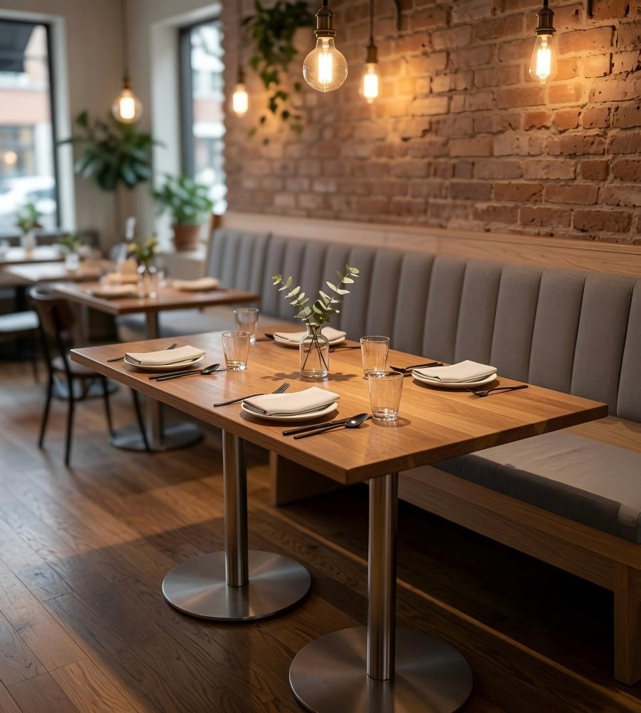 茶餐廳胡桃木色實木長方形不銹鋼腳餐枱 Modern Wood Dining Table