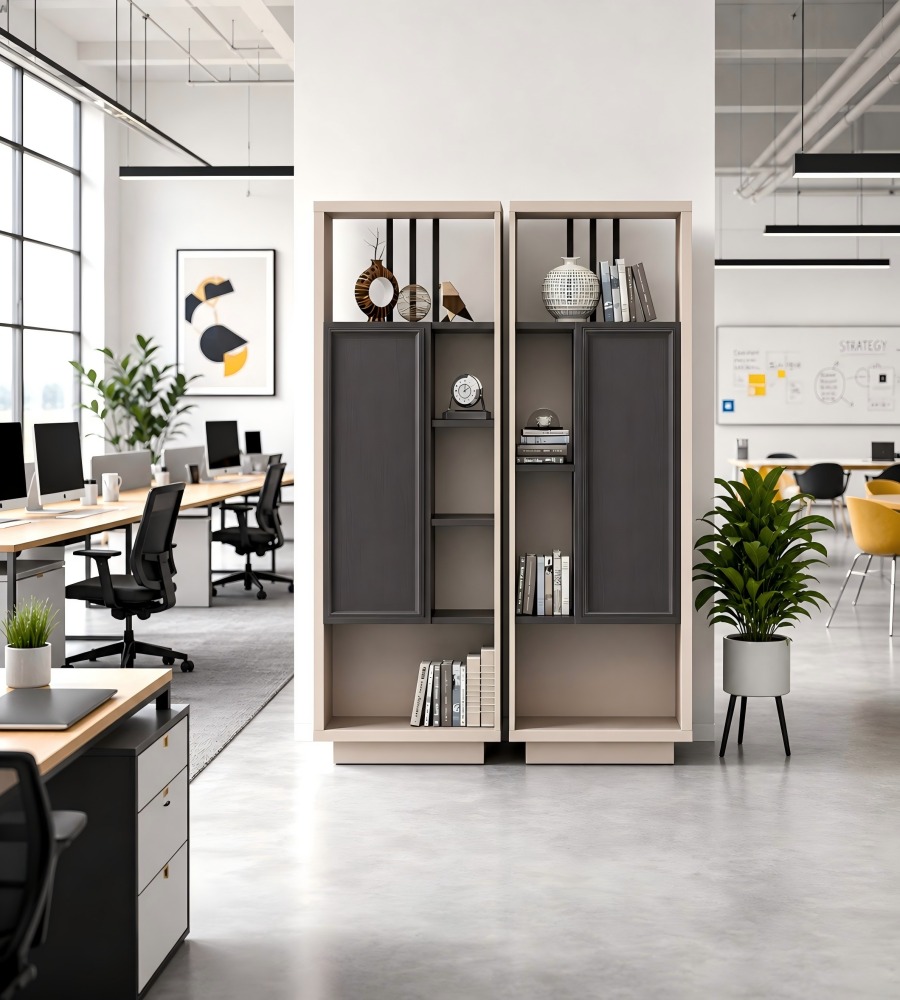 新中式深木色拼米色左右組合半掩門文件櫃 Modern Chinese Dark Wood and Beige Combined Filing Cabinet