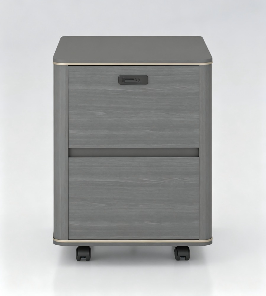 現代灰色木紋密碼鎖雙櫃桶帶轆活動櫃 Modern Grey Wood Grain Mobile Cabinet with