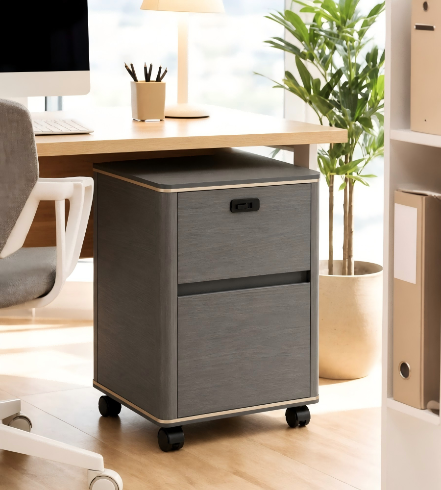 現代灰色木紋密碼鎖雙櫃桶帶轆活動櫃 Modern Grey Wood Grain Mobile Cabinet with