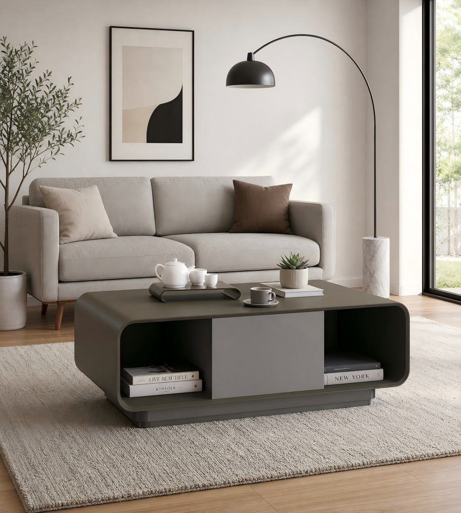 現代簡約灰色實木雙層儲物櫃桶茶几 Modern Minimalist Grey Solid Wood Storage Coffee Table