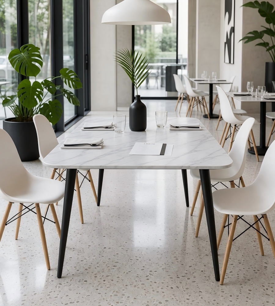 現代白色岩板鋼架長方形餐枱 Modern White Sintered Stone Dining Table
