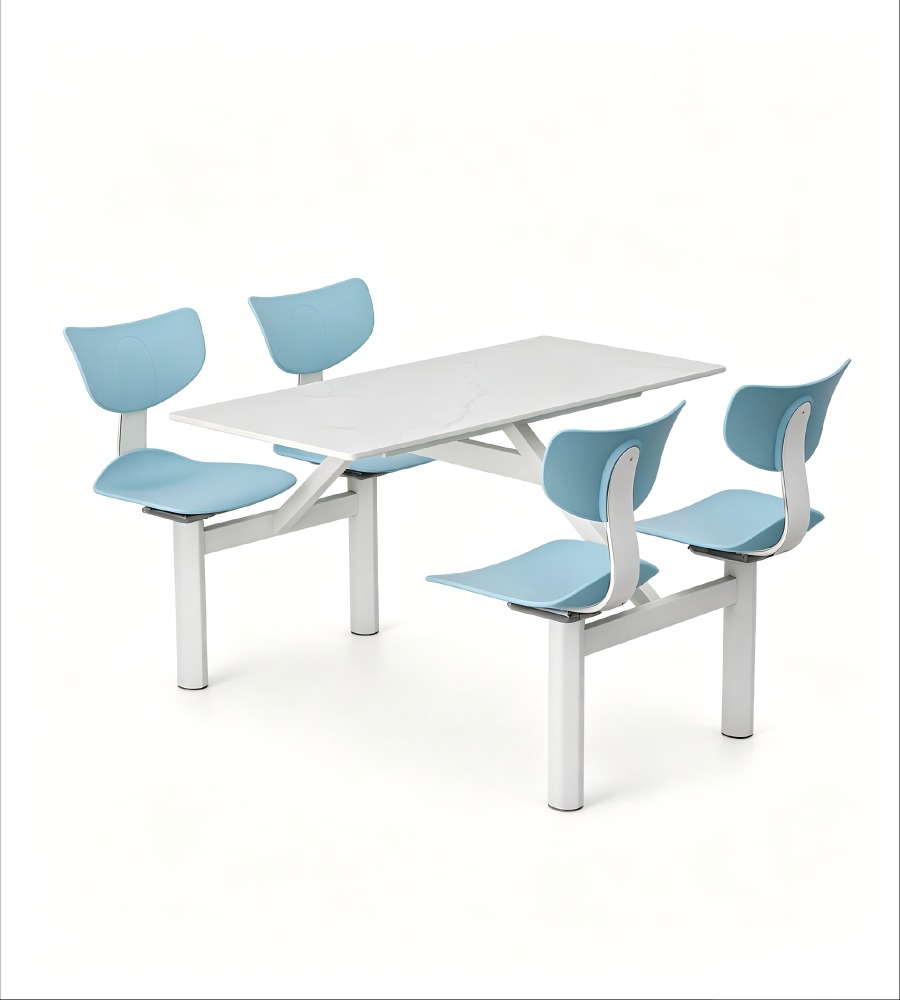 學校食堂白色岩板配淺藍色鋼架四人位連體餐枱 School Dining Table Set