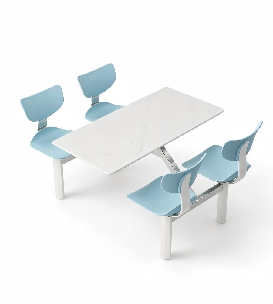 學校食堂白色岩板配淺藍色鋼架四人位連體餐枱 School Dining Table Set