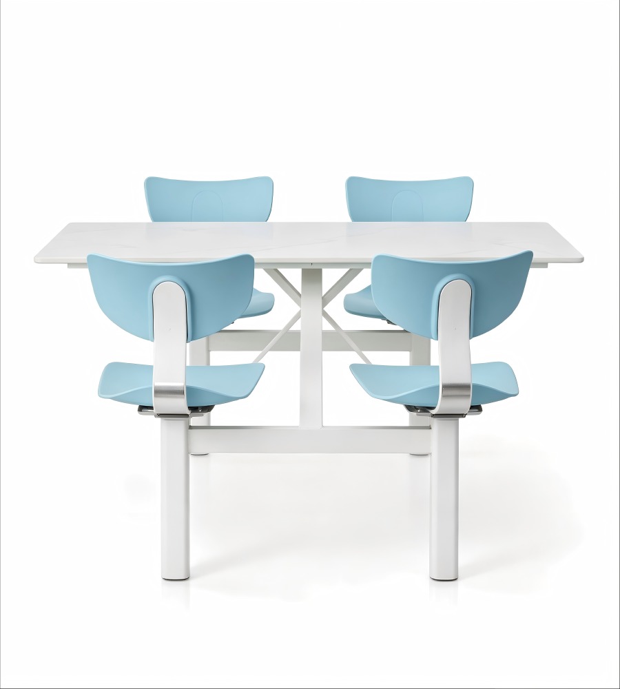 學校食堂白色岩板配淺藍色鋼架四人位連體餐枱 School Dining Table Set