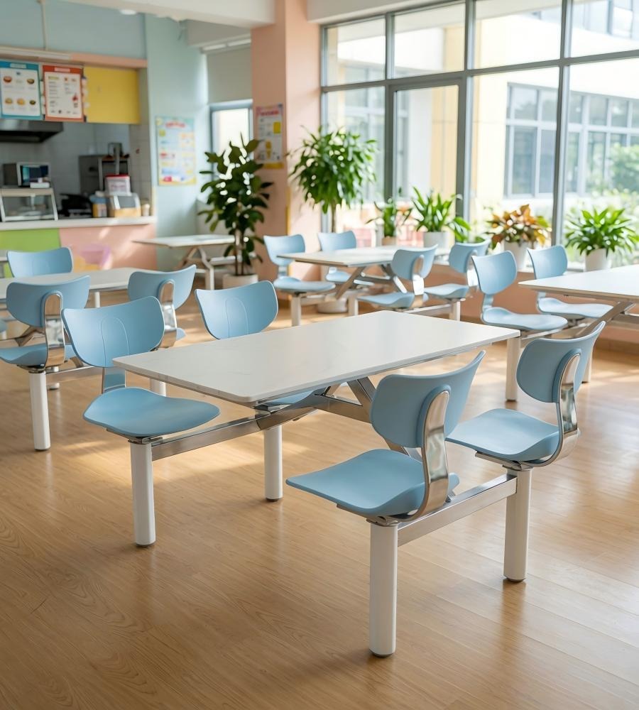 學校食堂白色岩板配淺藍色鋼架四人位連體餐枱 School Dining Table Set