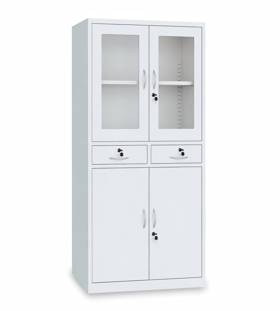 白色鋼架玻璃門雙櫃桶帶鎖鋼櫃文件櫃 White Steel Glass Door Cabinet