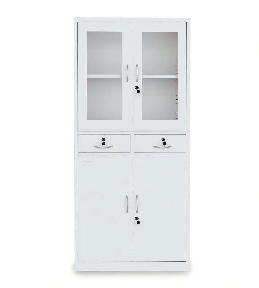白色鋼架玻璃門雙櫃桶帶鎖鋼櫃文件櫃 White Steel Glass Door Cabinet