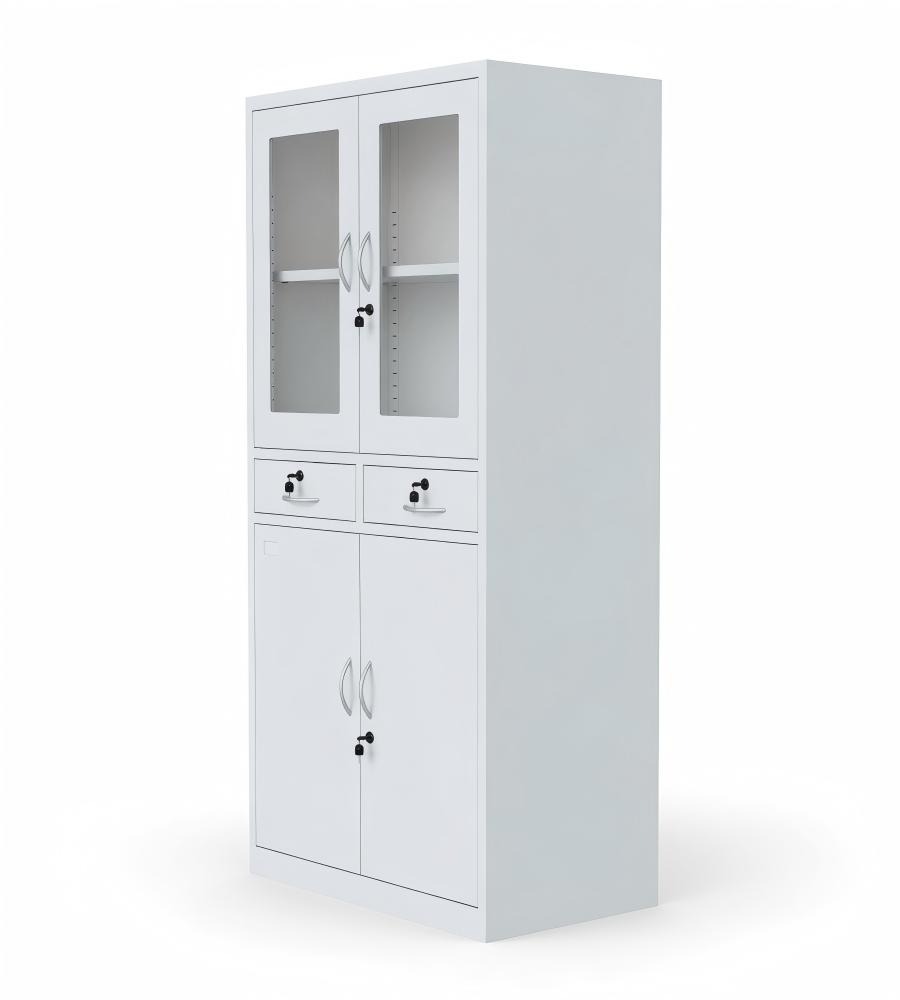 白色鋼架玻璃門雙櫃桶帶鎖鋼櫃文件櫃 White Steel Glass Door Cabinet