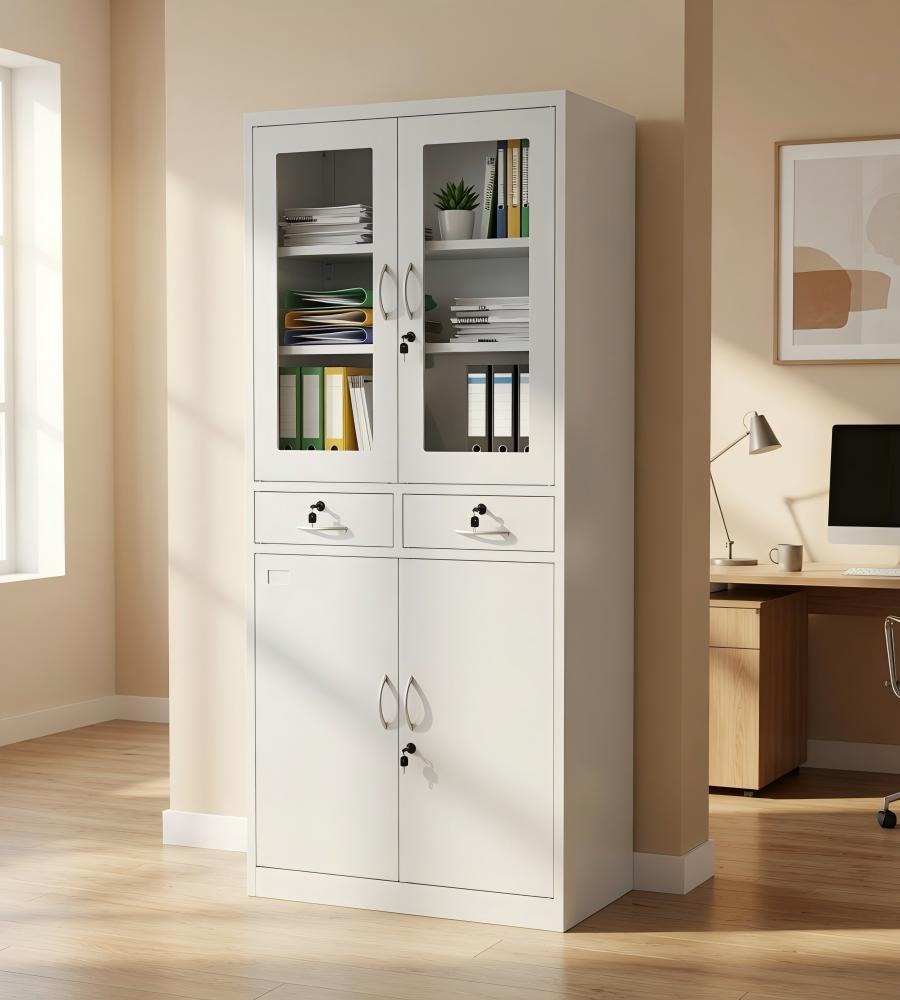 白色鋼架玻璃門雙櫃桶帶鎖鋼櫃文件櫃 White Steel Glass Door Cabinet