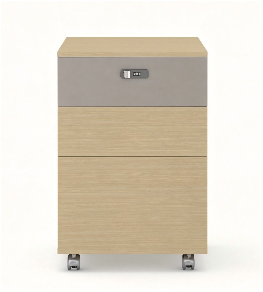 現代淺木色拼灰色三櫃桶密碼鎖帶轆活動櫃 Modern Light Wood & Grey 3-Drawer Mobile Pedestal with Lock