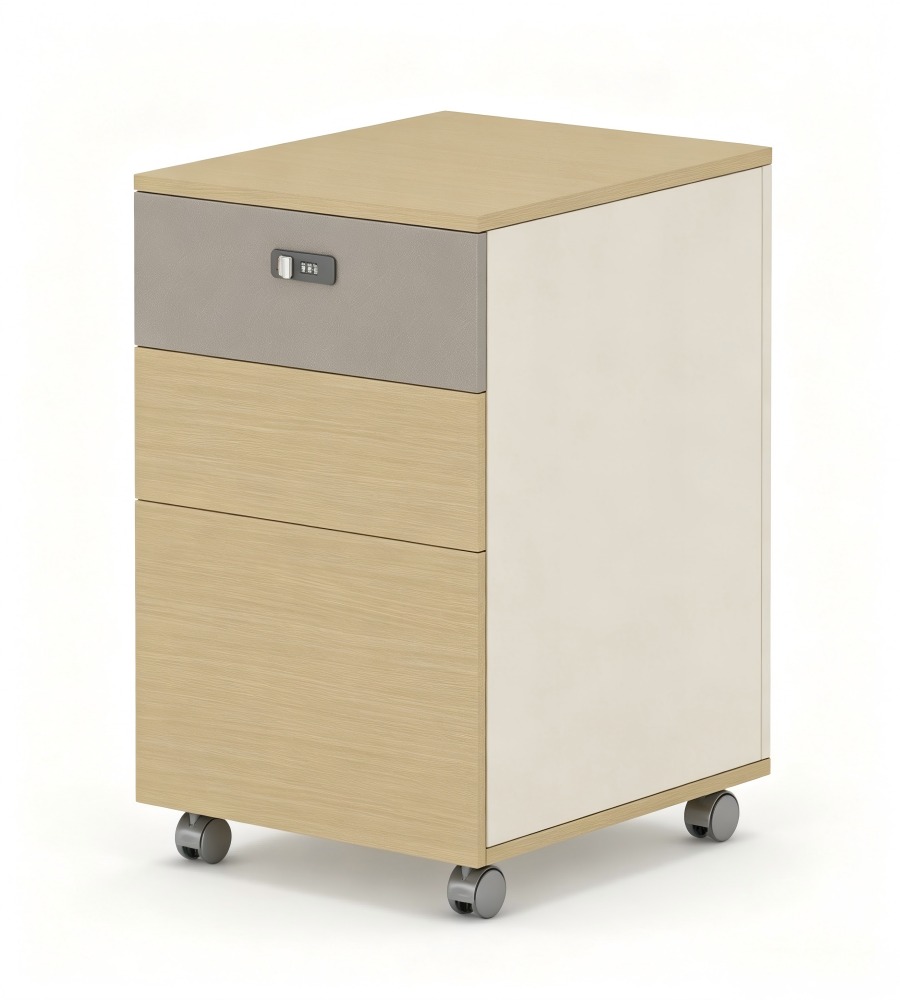 現代淺木色拼灰色三櫃桶密碼鎖帶轆活動櫃 Modern Light Wood & Grey 3-Drawer Mobile Pedestal with Lock