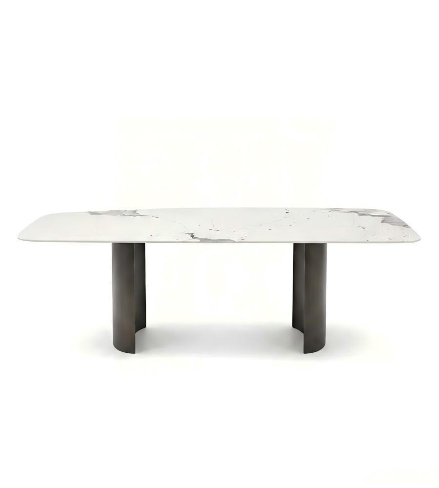 現代白色岩板黑鈦不銹鋼腳長方形餐枱 Modern White Sintered Stone Rectangular Dining Table