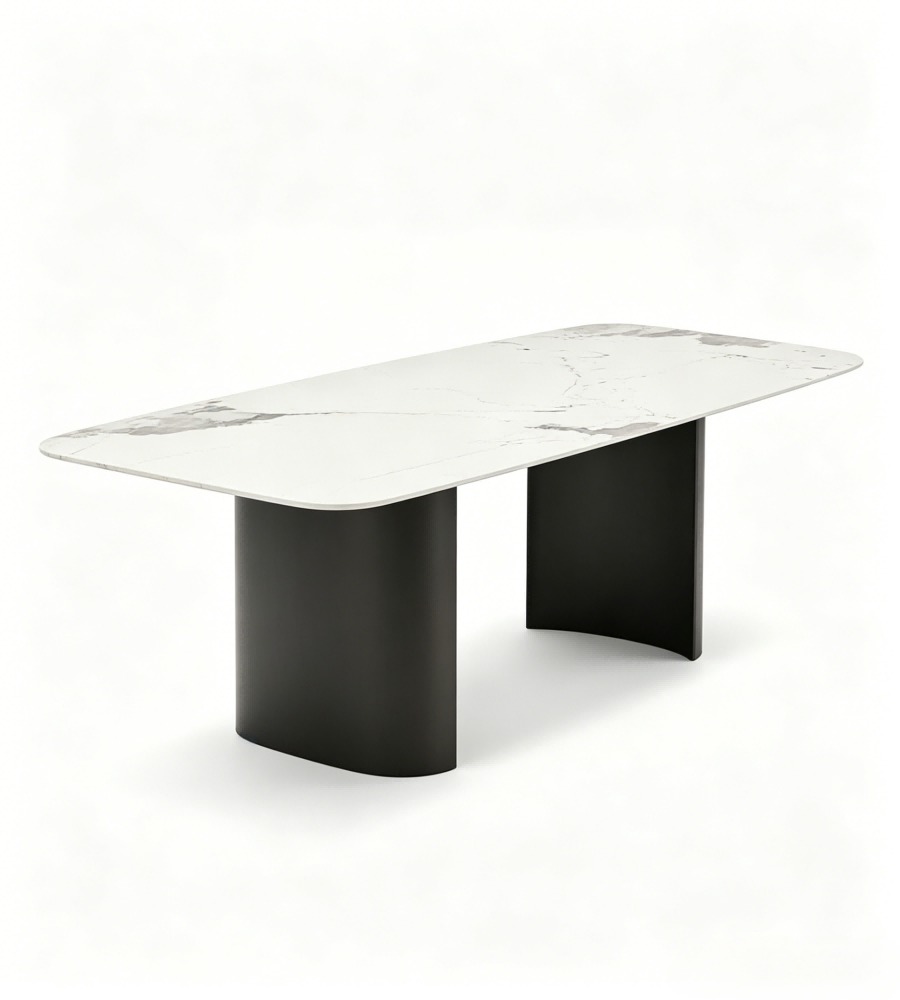 現代白色岩板黑鈦不銹鋼腳長方形餐枱 Modern White Sintered Stone Rectangular Dining Table