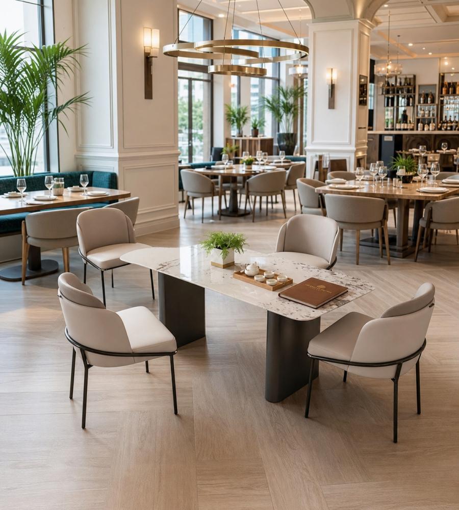 現代白色岩板黑鈦不銹鋼腳長方形餐枱 Modern White Sintered Stone Rectangular Dining Table