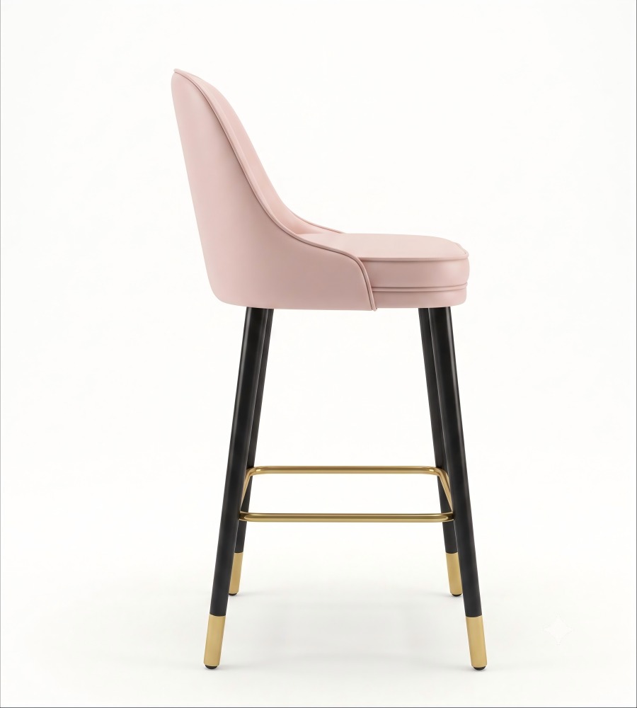 輕奢粉色布藝實木腳高背吧椅 Light Luxury Pink Fabric Bar Stool