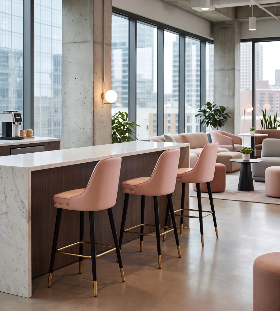 輕奢粉色布藝實木腳高背吧椅 Light Luxury Pink Fabric Bar Stool