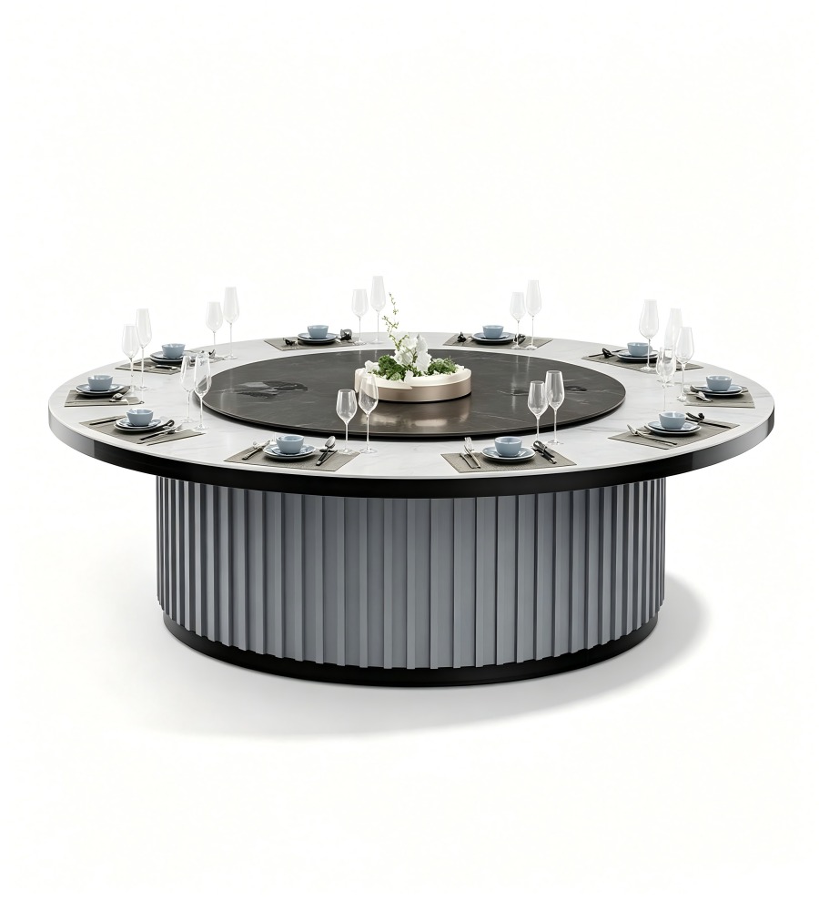 直條紋金屬底座電動圓餐檯 Vertical Fluted Metal-Base Electric Dining Table