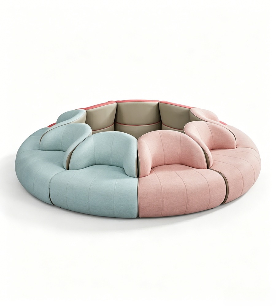 現代創意拼色布皮圓形組合梳化 Modern Creative Color-Blocking Fabric & PU Leather Circular Sectional Sofa
