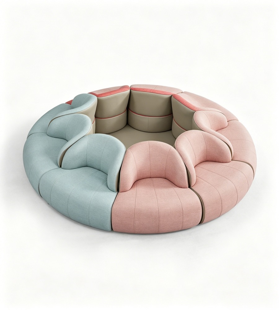 現代創意拼色布皮圓形組合梳化 Modern Creative Color-Blocking Fabric & PU Leather Circular Sectional Sofa