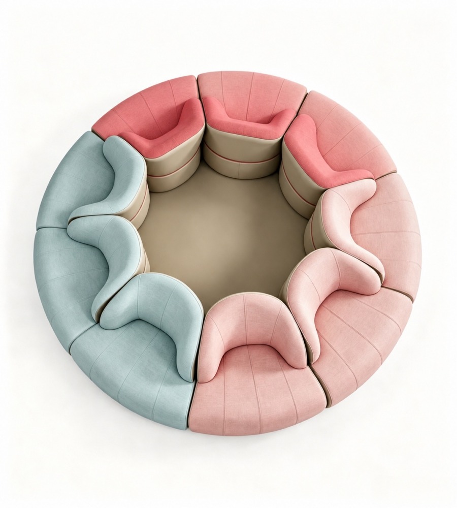 現代創意拼色布皮圓形組合梳化 Modern Creative Color-Blocking Fabric & PU Leather Circular Sectional Sofa