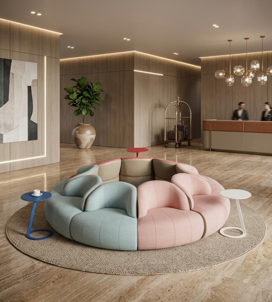 現代創意拼色布皮圓形組合梳化 Modern Creative Color-Blocking Fabric & PU Leather Circular Sectional Sofa