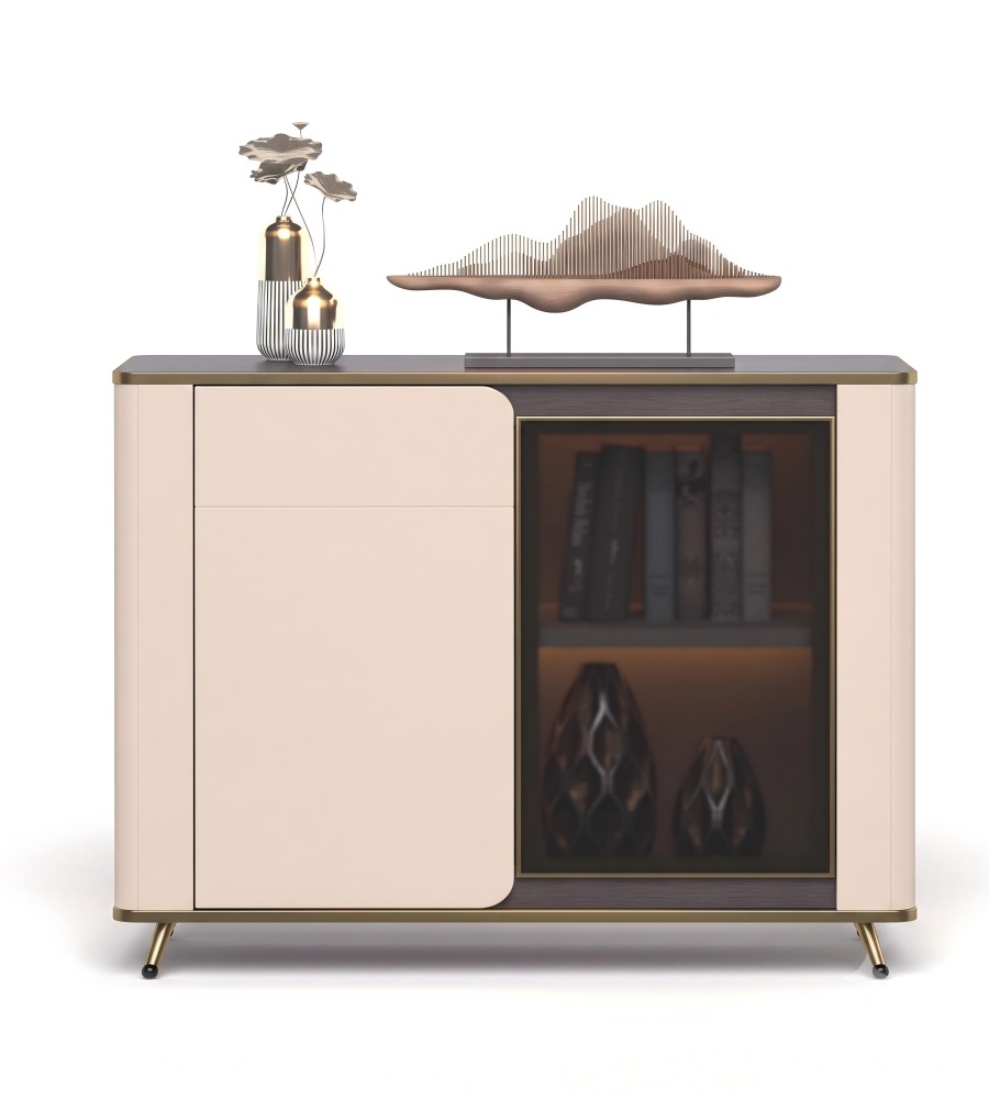 現代輕奢胡桃木色拼卡其灰儲物櫃 Modern Luxury Walnut and Khaki Grey Storage Cabinet