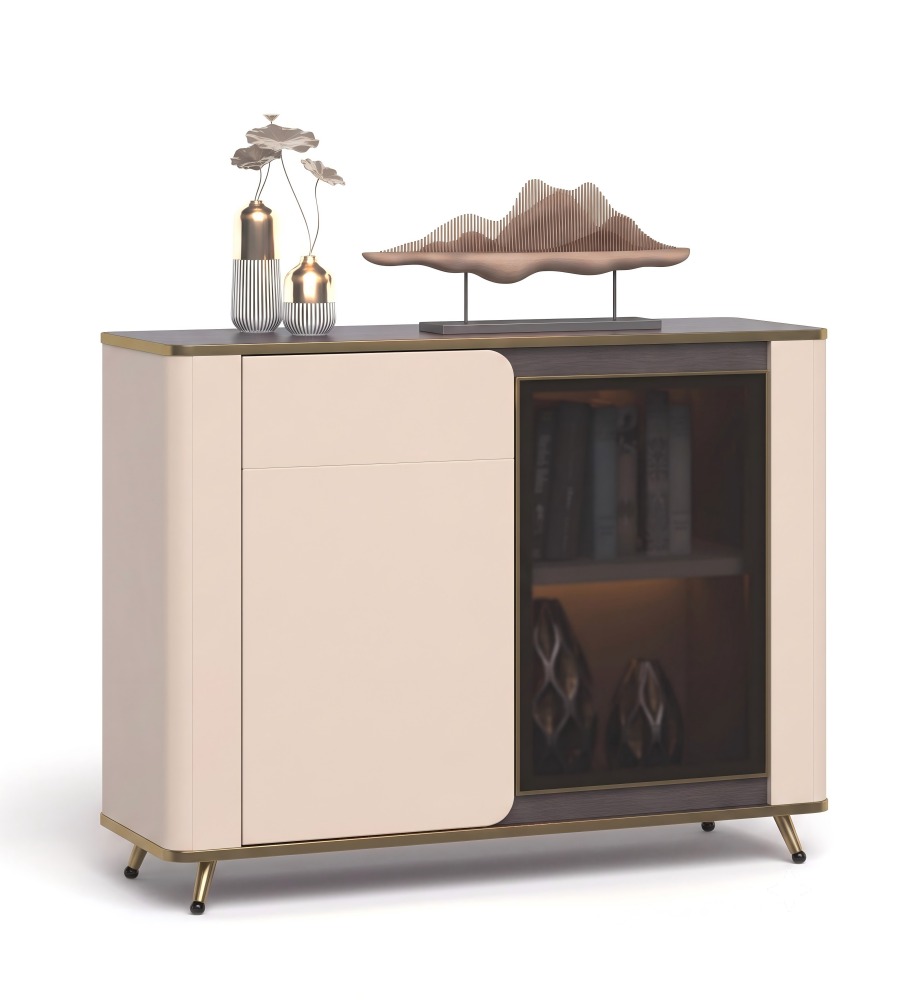 現代輕奢胡桃木色拼卡其灰儲物櫃 Modern Luxury Walnut and Khaki Grey Storage Cabinet