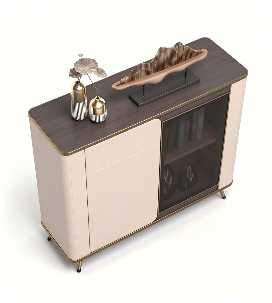 現代輕奢胡桃木色拼卡其灰儲物櫃 Modern Luxury Walnut and Khaki Grey Storage Cabinet