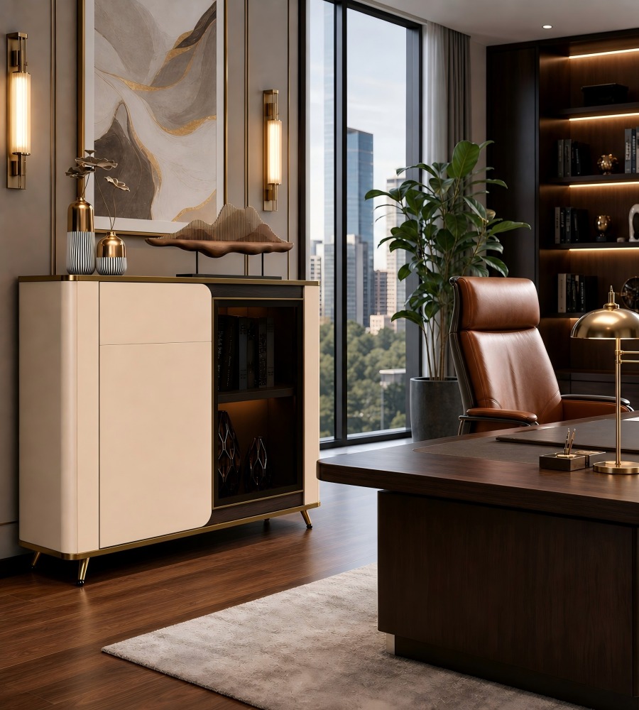 現代輕奢胡桃木色拼卡其灰儲物櫃 Modern Luxury Walnut and Khaki Grey Storage Cabinet