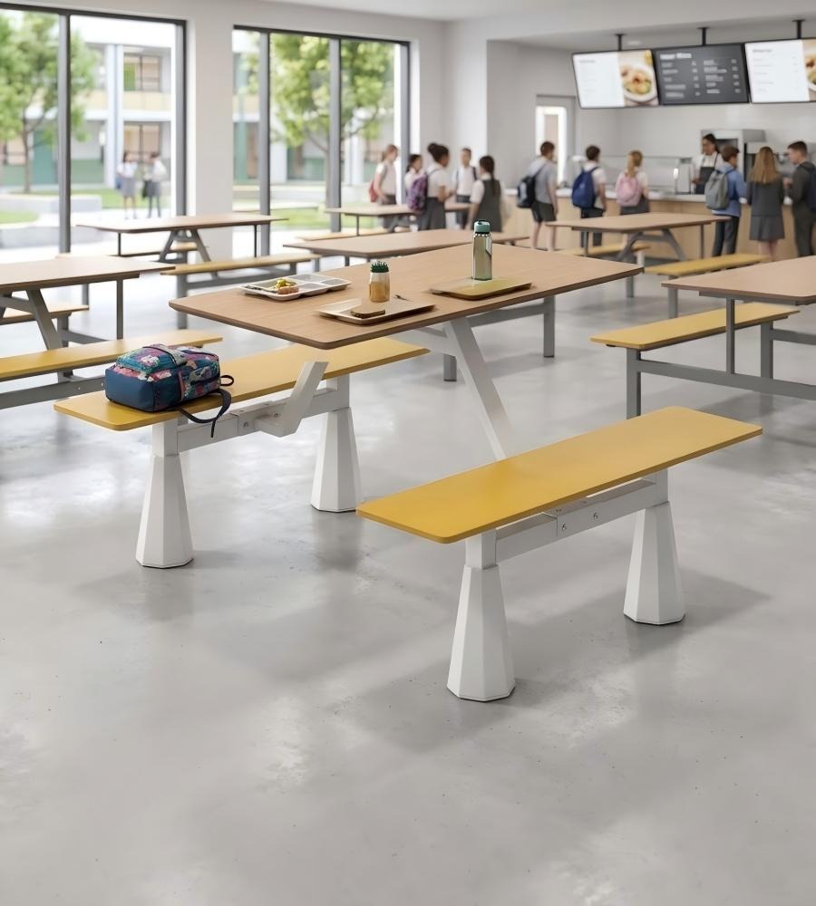 耐用實用木紋鋼架連體四人位餐枱 School Canteen Dining Table Set