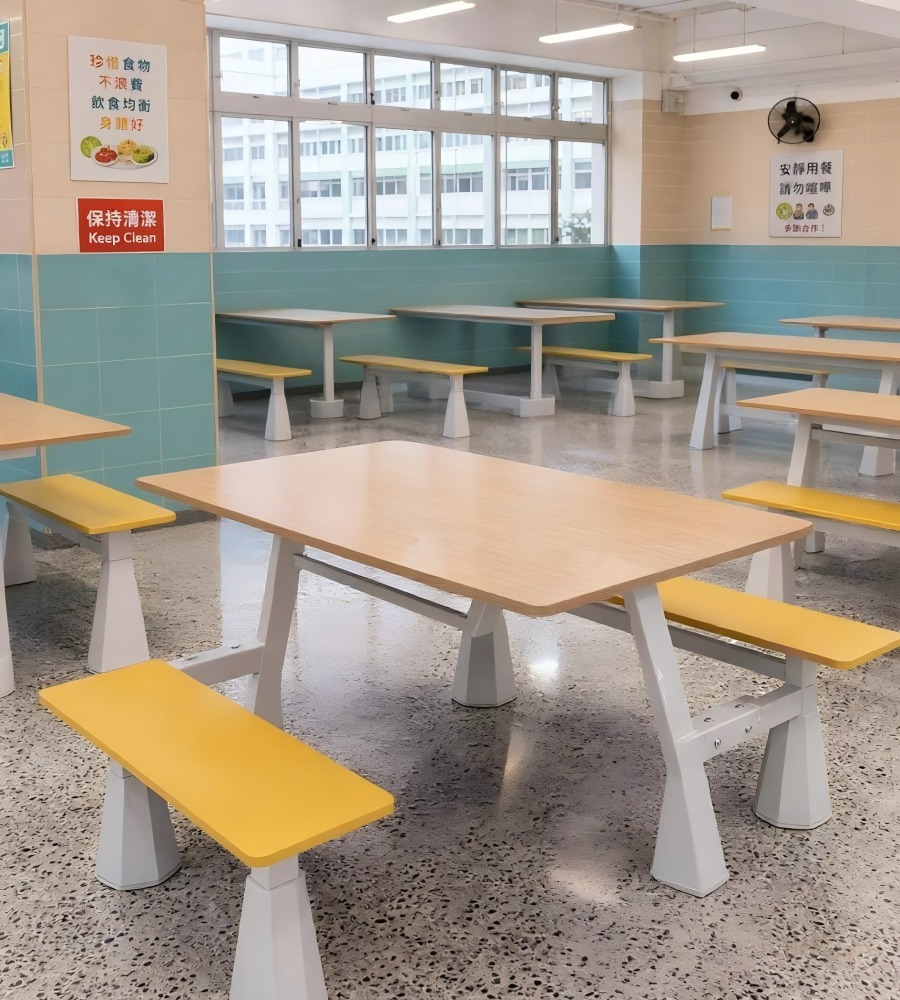 耐用實用木紋鋼架連體四人位餐枱 School Canteen Dining Table Set