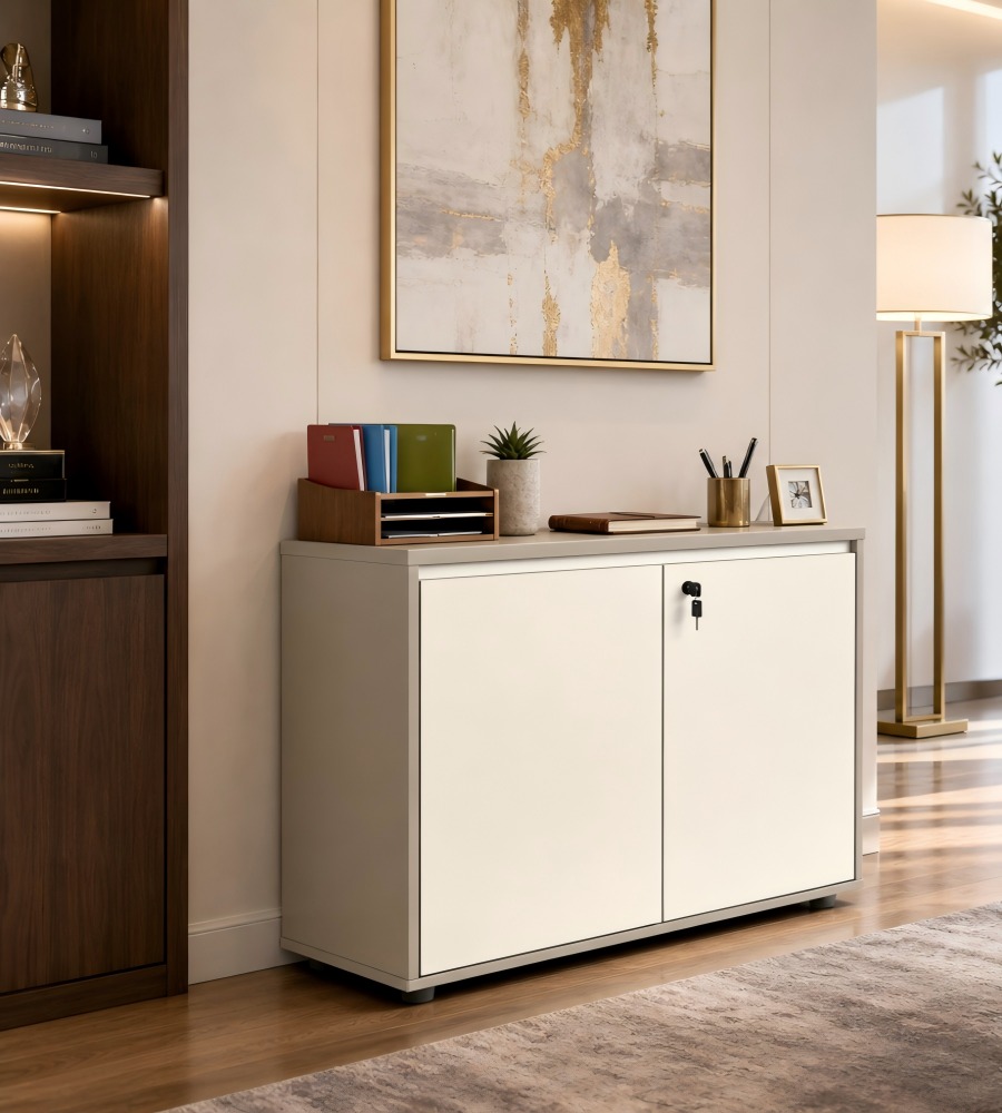 灰白拼色防火板矮身雙掩門帶鎖文件櫃 Gray & White MFC Low Lockable File Cabinet