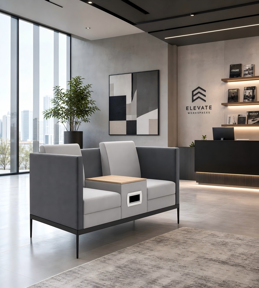 現代灰色布藝雙人辦公梳化連茶几 Modern Grey Fabric 2-Seater Office Sofa with Table