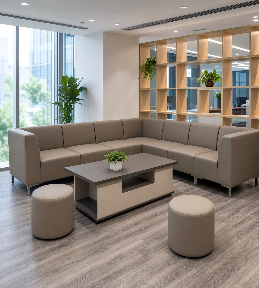 商務舒適灰色布藝L形轉角鐵腳辦公梳化 Grey Fabric L-Shaped Office Sofa with Metal Legs