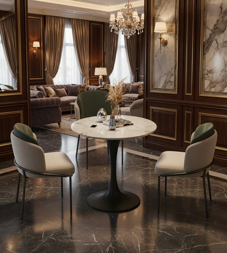 簡約白色大理石啞黑鐵架圓形洽談枱 Marble Round Table with Black Iron Frame