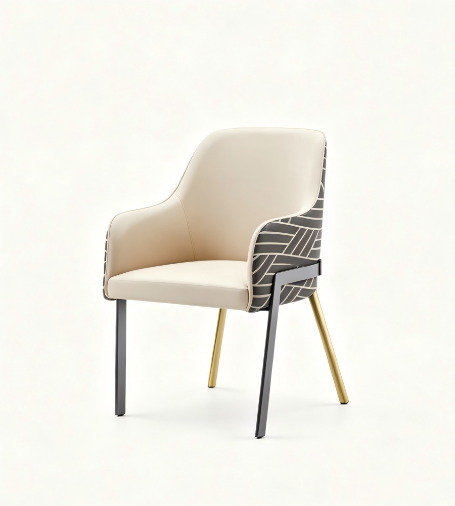 現代輕奢米色印花西皮帶扶手餐椅 Modern Luxury Beige Printed PU Leather Armchair