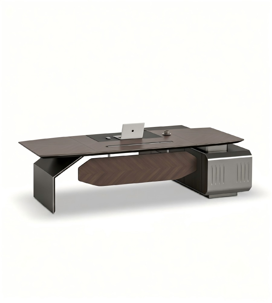 現代胡桃木配鐵灰L形帶側櫃老闆枱 Modern Walnut and Iron Grey L-Shaped Boss Desk