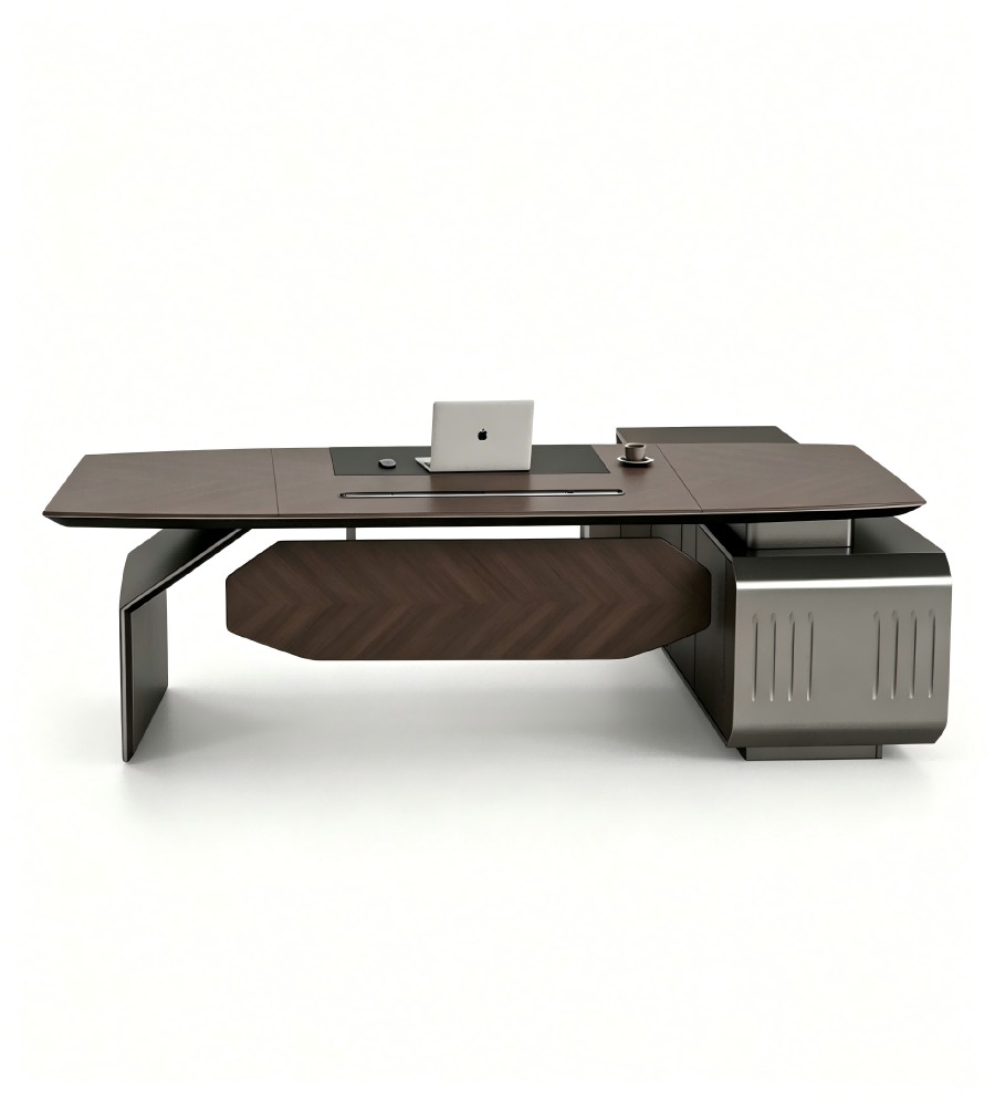 現代胡桃木配鐵灰L形帶側櫃老闆枱 Modern Walnut and Iron Grey L-Shaped Boss Desk