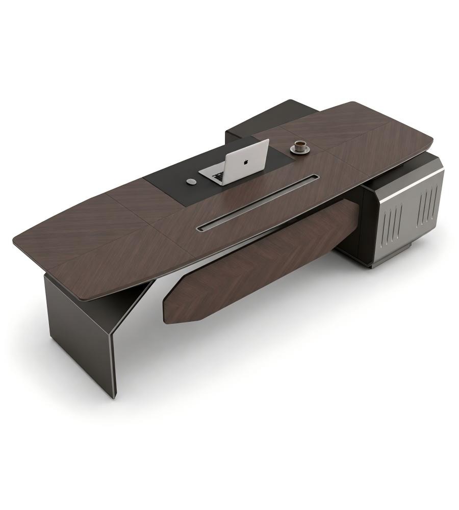 現代胡桃木配鐵灰L形帶側櫃老闆枱 Modern Walnut and Iron Grey L-Shaped Boss Desk